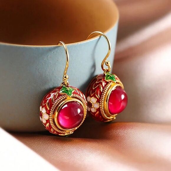 Vintage-Inspired Red Enamel Cabochon Drop Earrings - Picture 1 of 10